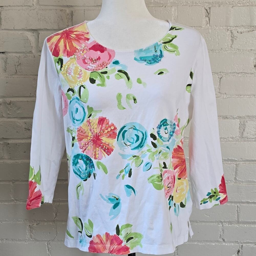 Koret White Floral Sequin Embellished 3/4 Sleeve Knit Top┃Coastal Grandma Casual